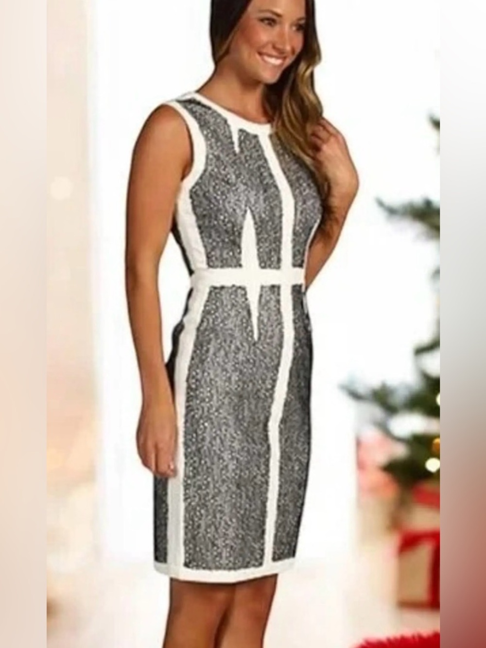 BCBGMaxAzria White Dress with Black Lace Accents Size 12